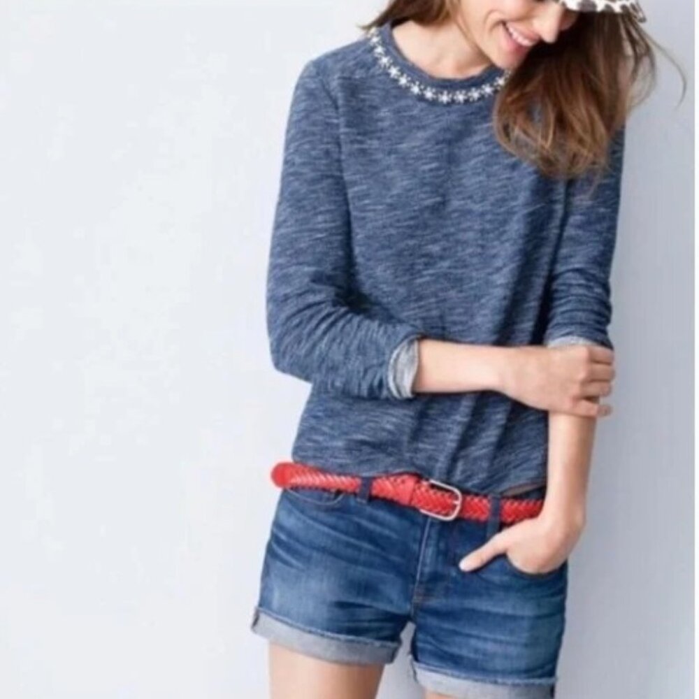 J Crew Jeweled Neck 100% Cotton Blue White French Terry Long Sleeve Top Small